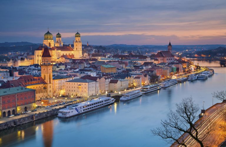 Passau. Passau skyline during twilight blue hour, Bavaria, Germa