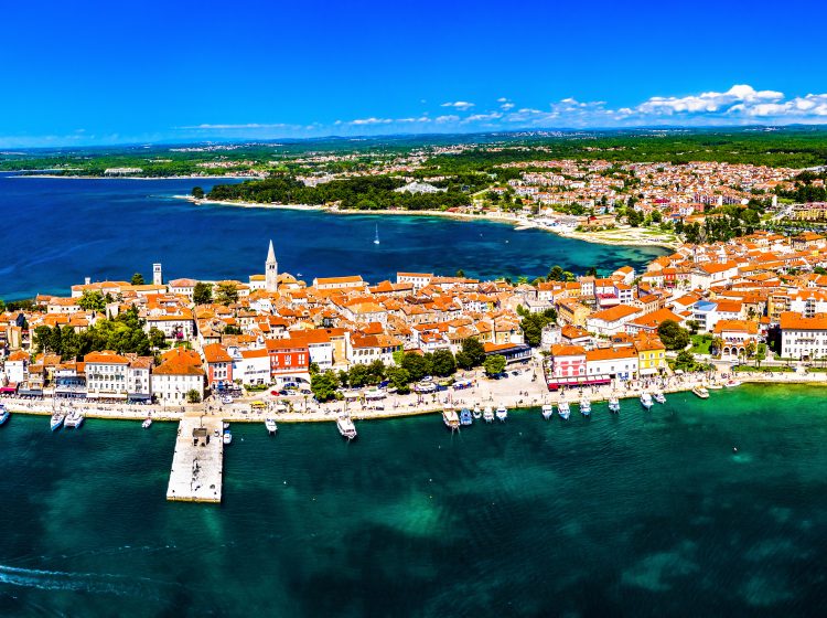 Aerial view of the old town of Porec on a peninsula in Croatia
