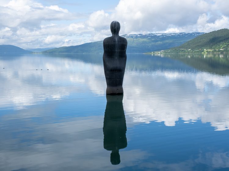 Wonderful landscapes in Norway. Trondelag. Beautiful scenery of a granite sculpture of a man standing in the harbor of the town Mo I Rana. Ducks in the sea. Mirror. Summer sunny day. Selective focus
