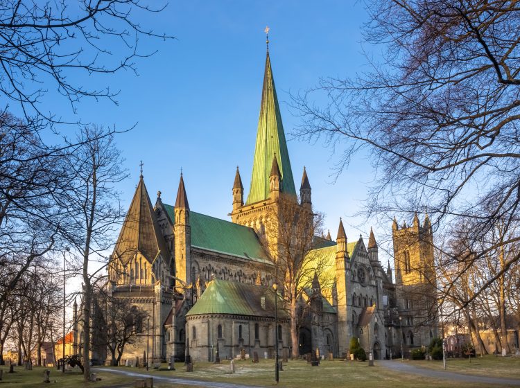 The magnificent Nidaros Cathedral (Nidarosdomen), Trondheim, Trøndelag, Norway. Built over the burial site of King Olav (St. Olav, the patron saint of the nation), where Norwegian kings  are crowned.
