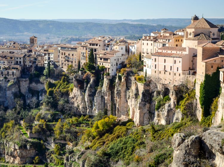 View of the medieval city of Cuenca, located on the cliffs in Spain.