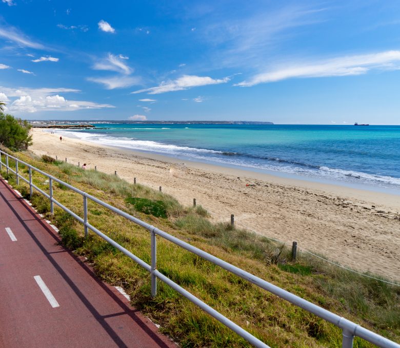 Bike path on the promenade of Palma de Mallorca. Seafront of the Palma de Mallorca..
