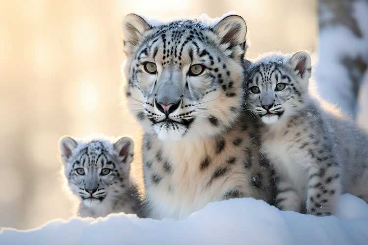 Snow lropard family with two cubs